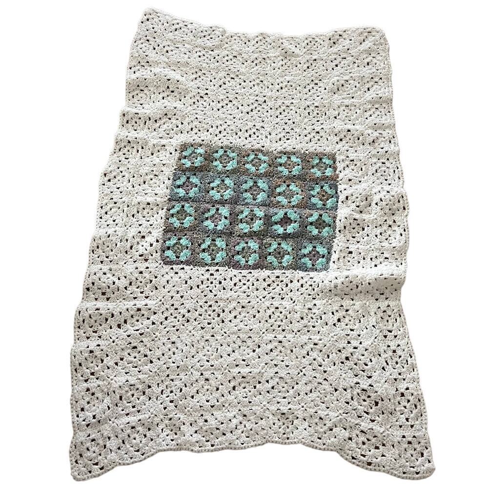 Granny Knit Baby Blanket/Throw Crochet White Teal Gray